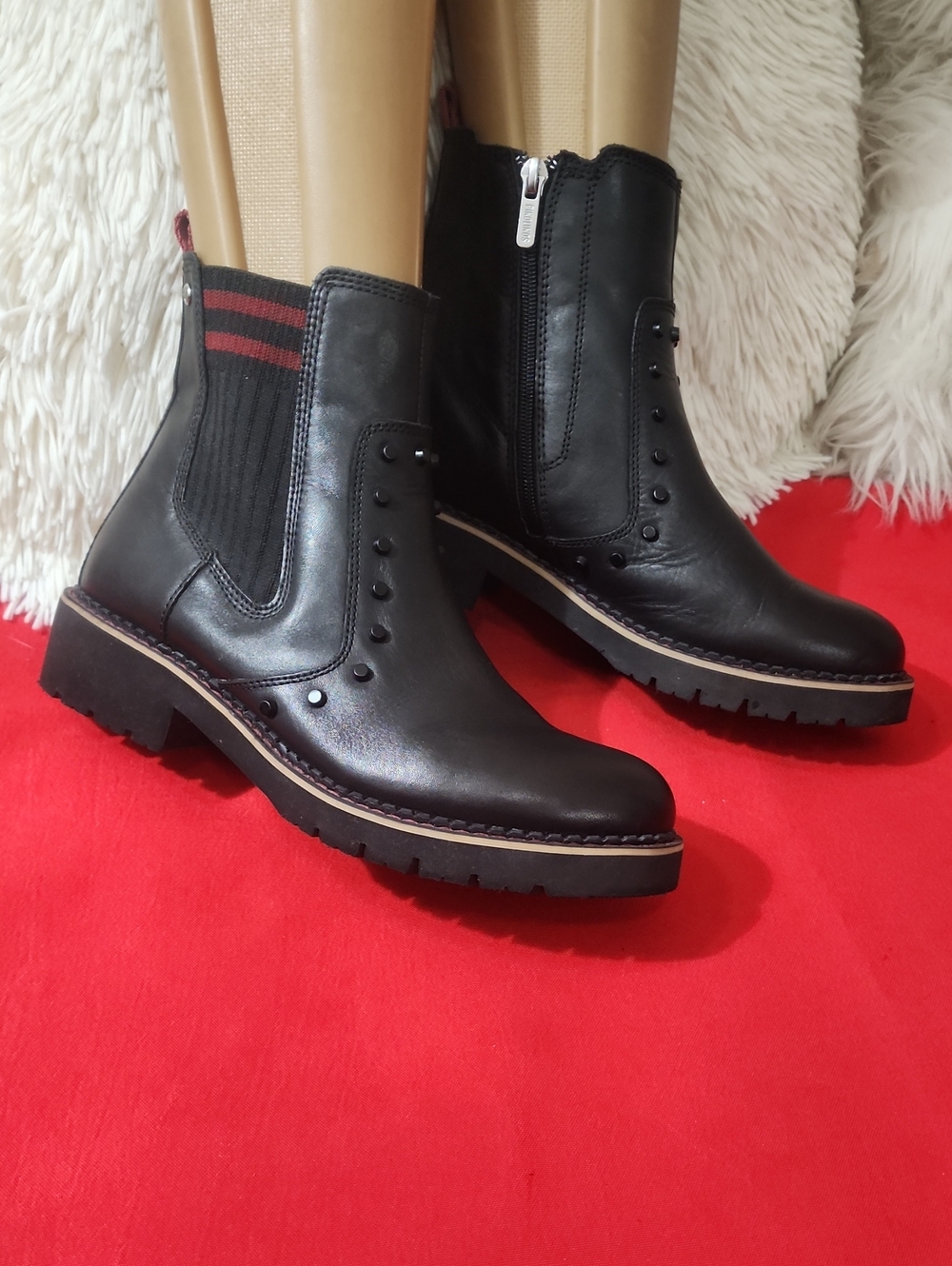 PIKOLINOS Vicar Black Leather Chelsea Zip Ankle Boots with Red Stripe Detail